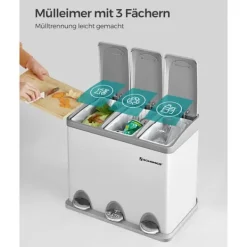 Källsorteringskärl-Pedal papperskorg, 3 x 8L återvinningskärl, 3-fack metall papperskorg, avfallssortering för kök, inkluderar 15 soppåsar, lätt att rengöra, stål, vit | CDON