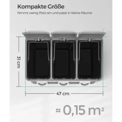 Källsorteringskärl-Pedal papperskorg, 3 x 8L återvinningskärl, 3-fack metall papperskorg, avfallssortering för kök, inkluderar 15 soppåsar, lätt att rengöra, stål, vit | CDON