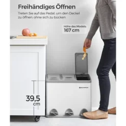 Källsorteringskärl-Pedal papperskorg, 3 x 8L återvinningskärl, 3-fack metall papperskorg, avfallssortering för kök, inkluderar 15 soppåsar, lätt att rengöra, stål, vit | CDON