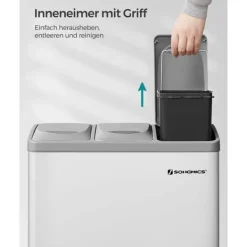 Källsorteringskärl-Pedal papperskorg, 3 x 8L återvinningskärl, 3-fack metall papperskorg, avfallssortering för kök, inkluderar 15 soppåsar, lätt att rengöra, stål, vit | CDON