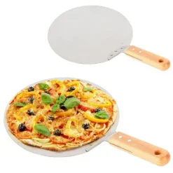 Pizzaspade för pizzaugn - Pizza peel - Rostfritt stål - Trähandtag - Yta 25,5 x 30 cm - Längd 43,5 cm - Silver
