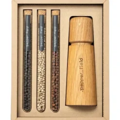 .poivre..champ Kvarn i naturligt trä med set av rör med Kampotpeppar 3 × 10 g