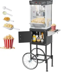 Popcornmaskin med vagn, 0,2 kg, 800W, 48 koppar/omgång, 2-knappskontroll, glasvägg, PC-dörr, skopor inkluderade, svart
