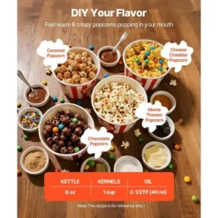 Popcornmaskin med vagn, 0,2 kg, 800W, 48 koppar/omgång, 2-knappskontroll, glasvägg, PC-dörr, skopor inkluderade, svart