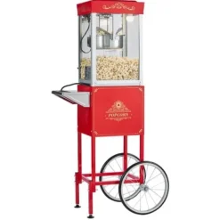 Popcornmaskin med vagn, 0,2 kg rostfri stålkittel, röd, kommersiell
