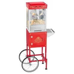 Popcornmaskin med vagn, 0,2 kg rostfri stålkittel, röd, kommersiell