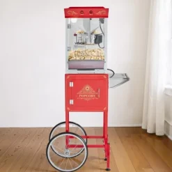 Popcornmaskin med vagn, 0,2 kg rostfri stålkittel, röd, kommersiell