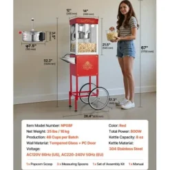 Popcornmaskin med vagn, 0,2 kg rostfri stålkittel, röd, kommersiell
