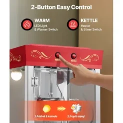 Popcornmaskin med vagn, 0,2 kg rostfri stålkittel, röd, kommersiell