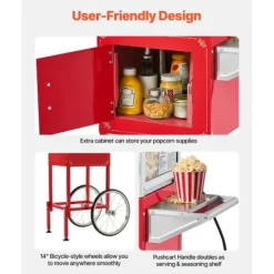 Popcornmaskin med vagn, 0,2 kg rostfri stålkittel, röd, kommersiell
