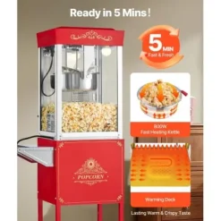 Popcornmaskin med vagn, 0,2 kg rostfri stålkittel, röd, kommersiell