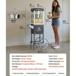 Popcornmaskin med vagn, 0,2 kg rostfri stålkittel, svart, kommersiell