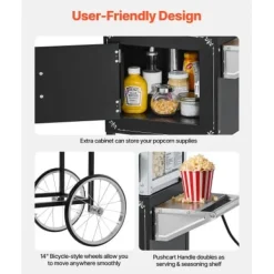 Popcornmaskin med vagn, 0,2 kg rostfri stålkittel, svart, kommersiell