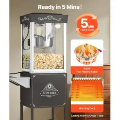 Popcornmaskin med vagn, 0,2 kg rostfri stålkittel, svart, kommersiell