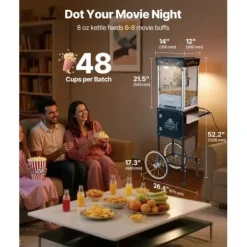 Popcornmaskin med vagn, 0,2 kg rostfri stålkittel, svart, kommersiell