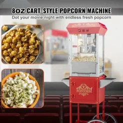 Popcornmaskin med vagn, 850W, 8 oz, röd, högpresterande, lättanvänd för perfekta popcorn hemma, fest och biokvällar