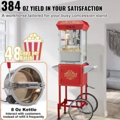 Popcornmaskin med vagn, 850W, 8 oz, röd, högpresterande, lättanvänd för perfekta popcorn hemma, fest och biokvällar