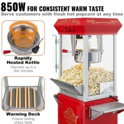 Popcornmaskin med vagn, 850W, 8 oz, röd, högpresterande, lättanvänd för perfekta popcorn hemma, fest och biokvällar