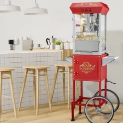 Popcornmaskin med vagn, 850W, 8 oz, röd, högpresterande, lättanvänd för perfekta popcorn hemma, fest och biokvällar