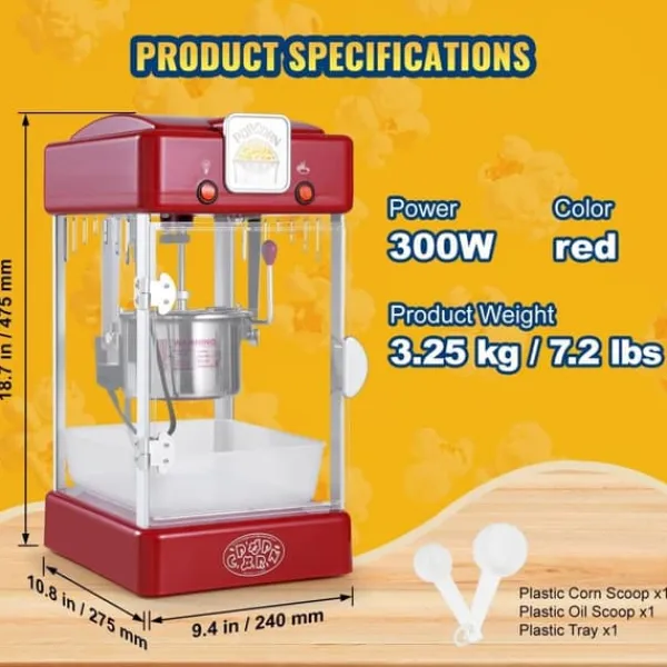 Popcornmaskin 300W 2,5 Oz, Bordsskiva, Röd, Snabb och Lätt Att Använda, Perfekt för Filmkvällar och Fester
