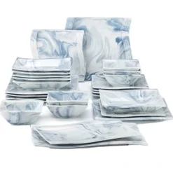 Tallrikar & Bordsserviser-Porslinservis Set, 26-delars Elegant Blommig Design, Mikrovågsugn och Diskmaskinssäker,26-delad-blå