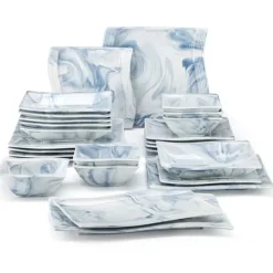 Tallrikar & Bordsserviser-Porslinservis Set, 26-delars Elegant Blommig Design, Mikrovågsugn och Diskmaskinssäker,26-delad-blå