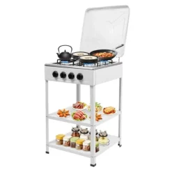 Portabel utomhus gasspis - Stativmodell - 4 brännare - NG/LPG (lågtrycksregulator krävs) - Vindskydd - 2 hyllor - Manuell tändning - Vit