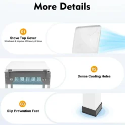 Portabel utomhus gasspis - Stativmodell - 4 brännare - NG/LPG (lågtrycksregulator krävs) - Vindskydd - 2 hyllor - Manuell tändning - Vit