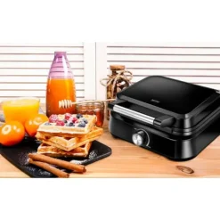 Våffeljärn-Professionell Vaffeljärn för 2 Tjocka Belgiska Vafflor, Non-stick Plåtar MPM MGO-40 1500W Svart 13965