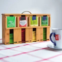 Relaxdays Bamboo Tea Box Lösa tepåsar 4 Fack Dekorativ Box H x B x D: 22 x 33,5 x 10 cm med handtag