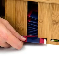 Relaxdays Bamboo Tea Box Lösa tepåsar 4 Fack Dekorativ Box H x B x D: 22 x 33,5 x 10 cm med handtag