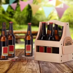 Vinflaskhållare-Relaxdays Flaska i trä, med flasköppnare, 6 flaskor, låda, present till fars dag, natur