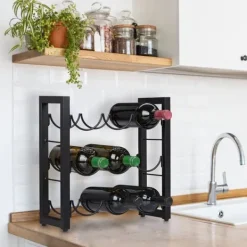 Vinflaskhållare-Relaxdays Flaskställ 9 fack, vinlagringshylla, metall, HxBxD: 37x35x17 cm, kök & bar, svart
