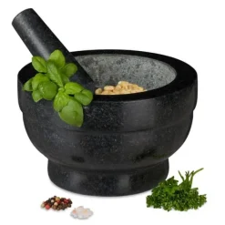 Mortlar & Mortelstötar-Relaxdays Mortel i granit med pistill, robust, för kryddor, örter, mortel i polerad sten, 5,6 kg, cm, 1l, svart