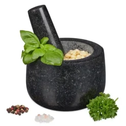 Mortlar & Mortelstötar-Relaxdays Mortel i granit med stötte, robust, för kryddor, örter, mortel i polerad sten, d. 12 cm, 300 ml, grå