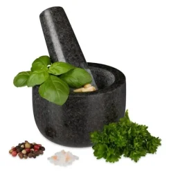 Mortlar & Mortelstötar-Relaxdays Mortel i granit med stöt, robust, för kryddor, örter, mortel i polerad sten, d. 8,5 cm, 400 ml, grå