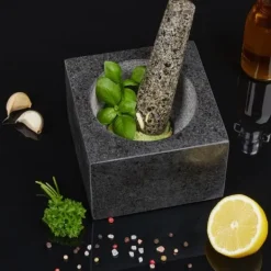 Mortlar & Mortelstötar-Relaxdays Mortel och pistill, i granit, polerad, lång livslängd, kryddor och örter, 500 ml volym, krossare lxB 14,5 x 14,5 cm