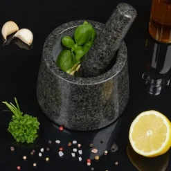 Mortlar & Mortelstötar-Relaxdays Mortel och stöt, i granit, polerad, lång livslängd, för kryddor och örter, stengrynare D 13,5 cm mörkgrå