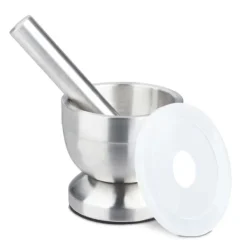 Mortlar & Mortelstötar-Relaxdays Mortel, rostfritt stål, med lock, kryddor, örter, halkfri kross, Ø 10 cm, 200 ml, grå