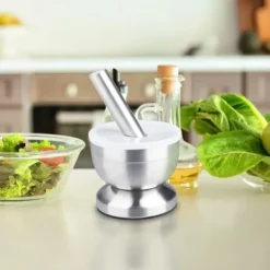 Mortlar & Mortelstötar-Relaxdays Mortel, rostfritt stål, med lock, kryddor, örter, halkfri kross, Ø 10 cm, 200 ml, grå