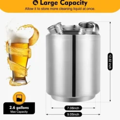 Ölkranar-Rengöringsbehållare för ölledningar - 3-huvuds ledningsrengörare - 10 l - Rostfritt stål - Med lock - Silver