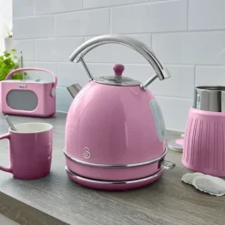 Vattenkokare-Retro vattenkokare, 1,8 L, BPA-fritt rostfritt stål, dolt motstånd, sladdlös SWAN SK14630PNEU 3000W Rosa 61802