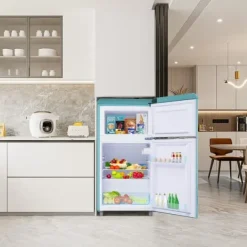 Kombinerad Kyl- & Frys-Retro-Kylskåp, Dubbeldörr, 72L kyl, 21L frys, 120 kWh/år, LED-ljus, Flera färger, Energieklass E