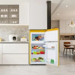 Kombinerad Kyl- & Frys-Retro-Kylskåp, Dubbeldörr, 72L kyl, 21L frys, 120 kWh/år, LED-ljus, Flera färger, Energieklass E