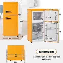 Kombinerad Kyl- & Frys-Retro-Kylskåp, Gefr. Kombi, 86.8 cm, 60L, 22L frys, 102 kWh/år, Gul, Energieklass E