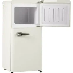 Retro-Kylskåp, Gefrierkombination, 88.8 cm, 60L kyl, 22L frys, 102 kWh/år, LED-ljus, Cremevit, Energieklass E