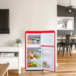 Kombinerad Kyl- & Frys-Retro-Kylskåp, Gefrierkombination, 88.8 cm, 60L kyl, 22L frys, 102 kWh/år, LED-ljus, Premiumröd, Energieklass E