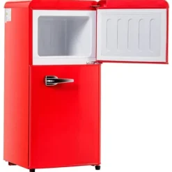 Kombinerad Kyl- & Frys-Retro-Kylskåp, Gefrierkombination, 88.8 cm, 60L kyl, 22L frys, 102 kWh/år, LED-ljus, Premiumröd, Energieklass E