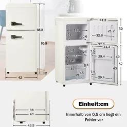 Retro-Kylskåp, Gefrierkombination, 88.8 cm, 60L kyl, 22L frys, 102 kWh/år, LED-ljus, Cremevit, Energieklass E