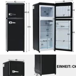 Retro-Kylskåp, Kombinerad kyl och frys, 105.5 cm, 92L, 28L frys, Energieklass D